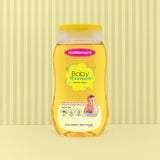 A bottle of Mothercare Baby Shampoo Natural & Mild sulphate free, paraben free, and contains no harmful chemicals centered against a light yellow background with vertical stripes.