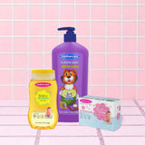 Mothercare Bath Time Fun Bundle Includes Mothercare Baby Shampoo Yellow Tear Free, Mothercare Bubble Bath Yummy Citrus And Mothercare Baby Soap, All Center Placed on a Tile like Background in Pink Color