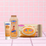 Mothercare Rash Care Bundle Includes New Mothercare Go Rash Cream, Mothercare Go Rash Powder And New Mothercare Go Rash Wipes, All Center Placed on a Tile like Background in Pink Color