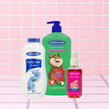 Mothercare The Summer Cool Pack Bundle Includes Mothercare Prickly Heat Powder, Mothercare Bubble Bath Strawberry Splash And Mothercare Baby Cologne Pink, All Center Placed on a Tile like Background in Pink Color