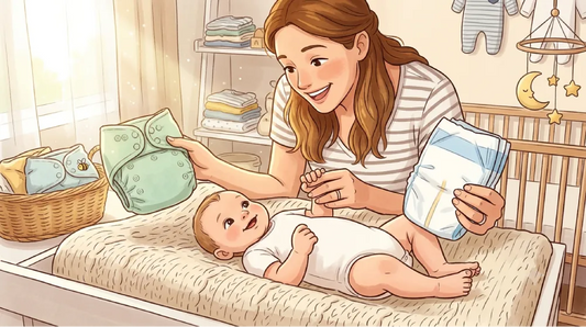A mother smiling at her baby lying on a changing table, holding a green cloth diaper in one hand and a single-use disposable diaper in the other to compare options.