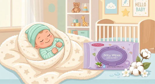 Animated illustration of a newborn baby lying comfortably on a soft blanket next to a pack of Mothercare baby wipes