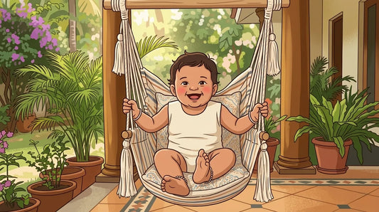 A joyful baby with a bright smile sitting in a macramé swing chair on a lush tropical patio surrounded by potted plants and greenery.
