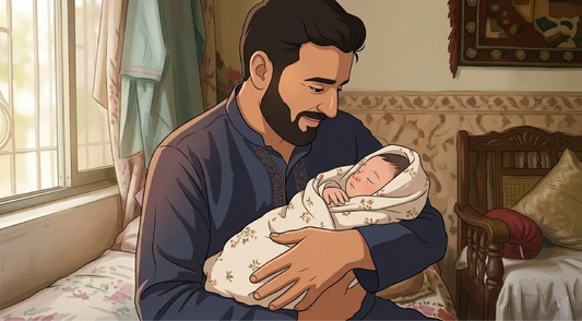 An illustration of a bearded Pakistani father in a traditional blue kurta holding and looking lovingly at his sleeping newborn baby swaddled in a floral blanket inside a room.