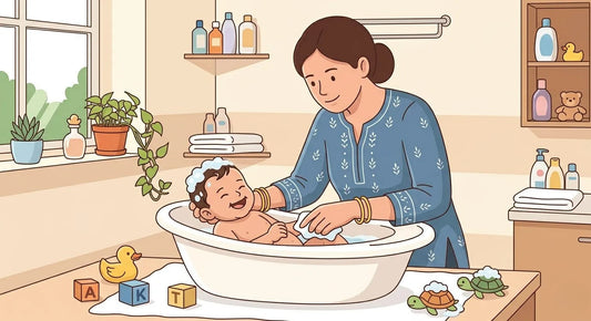 An-illustration-of-a-smiling-mother-giving-her-happy-baby-a-bath-in-a-white-tub-placed-on-a-table.The-mother-is-wearing-a-blue-patterned-tunic-and-gold-bangles-while-the-baby-has-bubbles-on-their-head