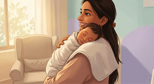Animated illustration of a smiling mom gently holding a swaddled, sleeping newborn baby over her shoulder in a brightly lit room