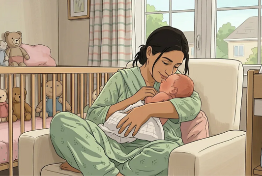 Illustration of a smiling mother in green pajamas sitting in an armchair and cradling her newborn baby in a cozy nursery