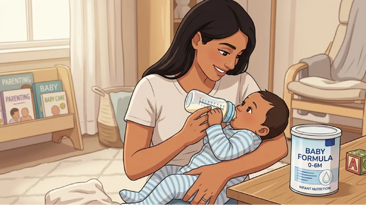 A mother smiling while holding her infant in a striped onesie and bottle-feeding them, with a can of infant nutrition baby feeding formula sitting on the table nearby.