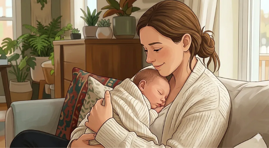 An illustration of a mother smiling gently while cradling her breastfeeding baby asleep in her arms, sitting on a living room couch surrounded by cozy house plants.