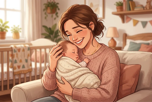 Animated style illustration of a mother lovingly holding a newborn baby.