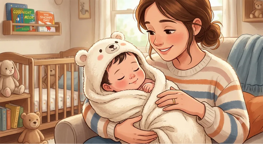Animated illustration of a cozy mother smiling while holding her sleeping baby wrapped in a soft, bear-hooded towel after a relaxing bath.