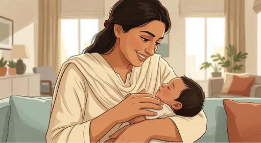 Illustration of a smiling mother lovingly cradling her sleeping newborn baby on a living room sofa.