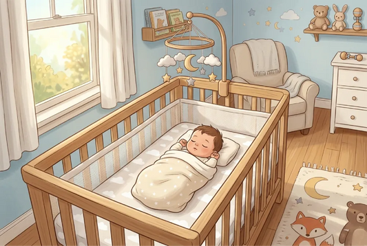 A peaceful newborn baby sleeping soundly in a wooden crib during the day, highlighting a structured nursery environment for a healthy newborn sleep schedule.