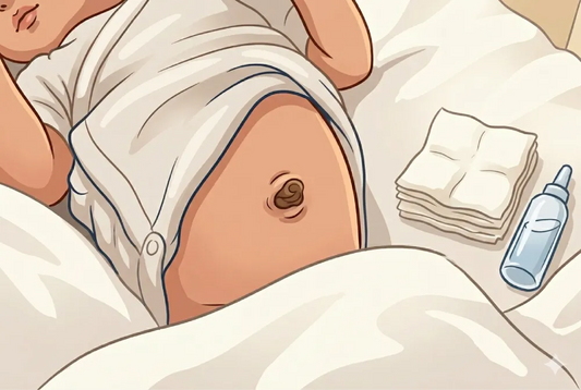A cartoon illustration of a newborn baby lying on a white bed with an exposed, drying umbilical cord stump, next to clean gauze pads and a small water bottle.