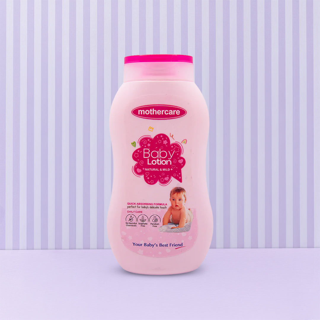 Mothercare Baby Lotion Natural And Mild Bottle Center Placed with purple strips in background
