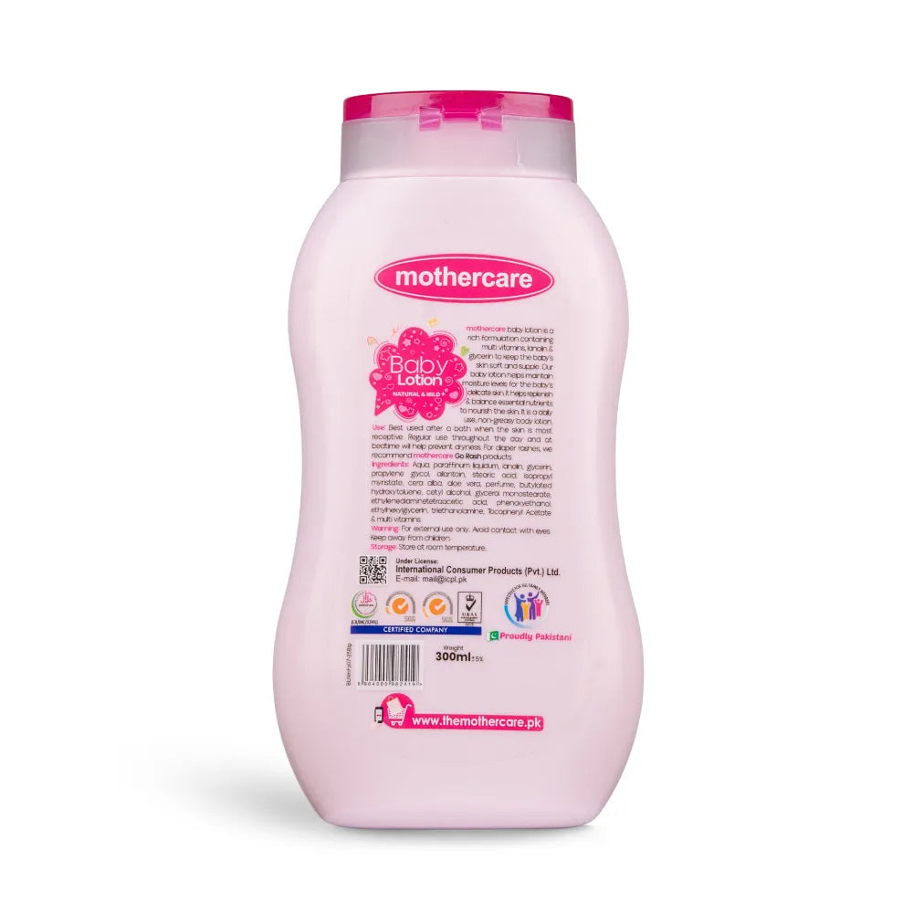 Mothercare Baby Lotion Natural And Mild Back Side of Bottle With Ingredients