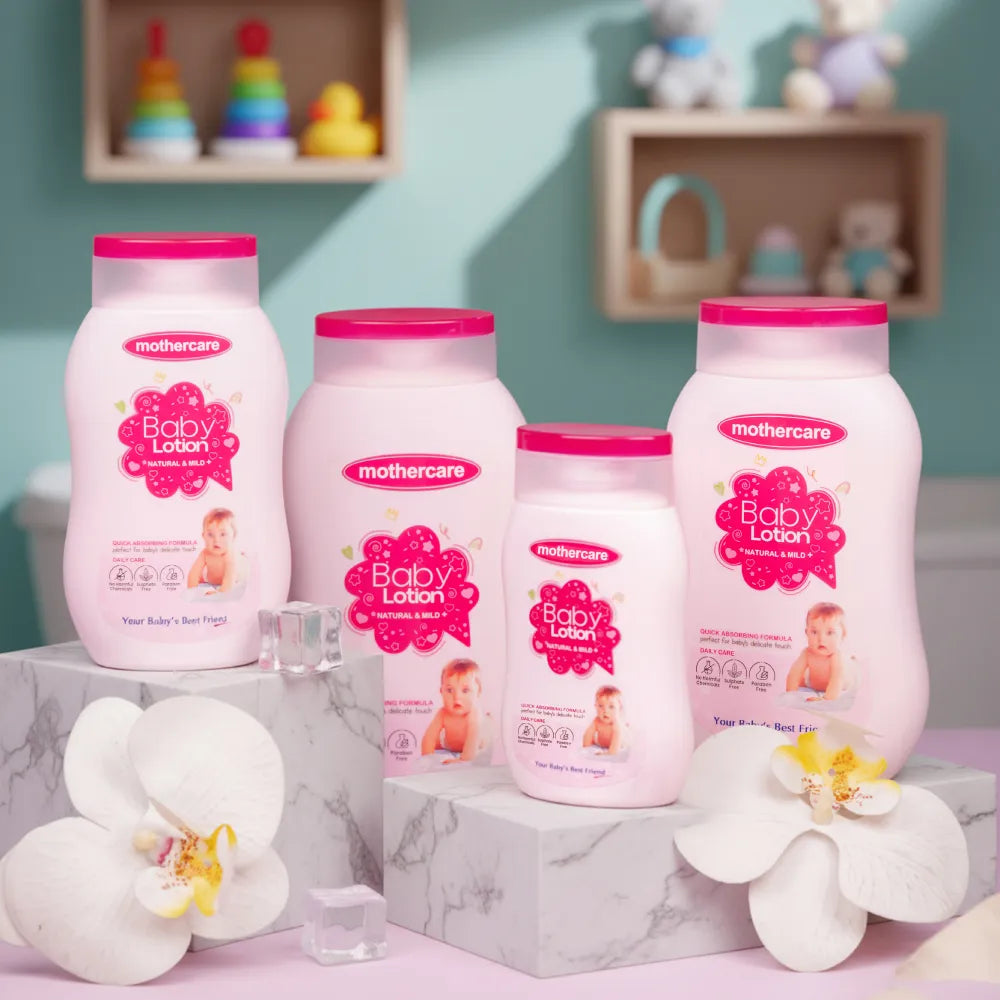 Mothercare Baby Lotion Natural And Mild Collection From Small to Family Sizes placed on platforms with flowers in a baby room.