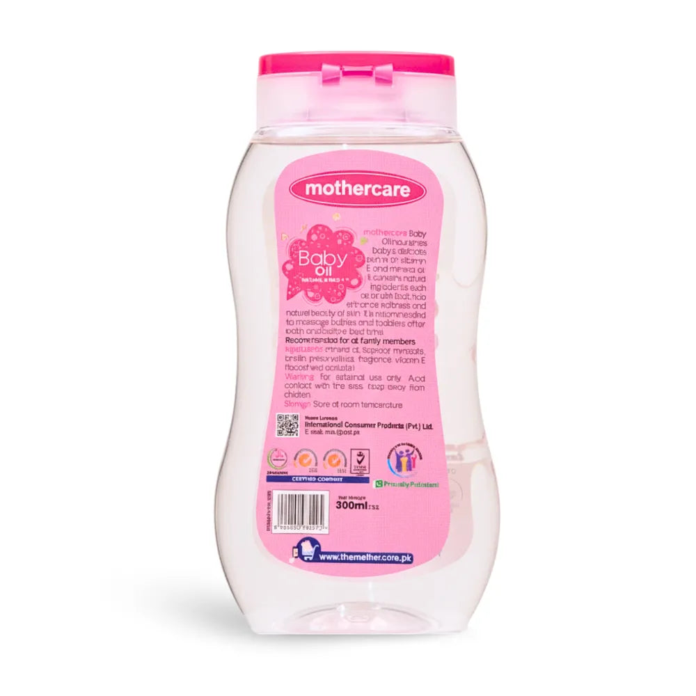 Mothercare Baby Oil Natural And Mild Back Side of Image With Ingredients