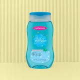 A bottle of Mothercare Baby Shampoo Blue Extra Nourishing with blue liquid and a blue cap, centered against a light yellow background with vertical stripes.