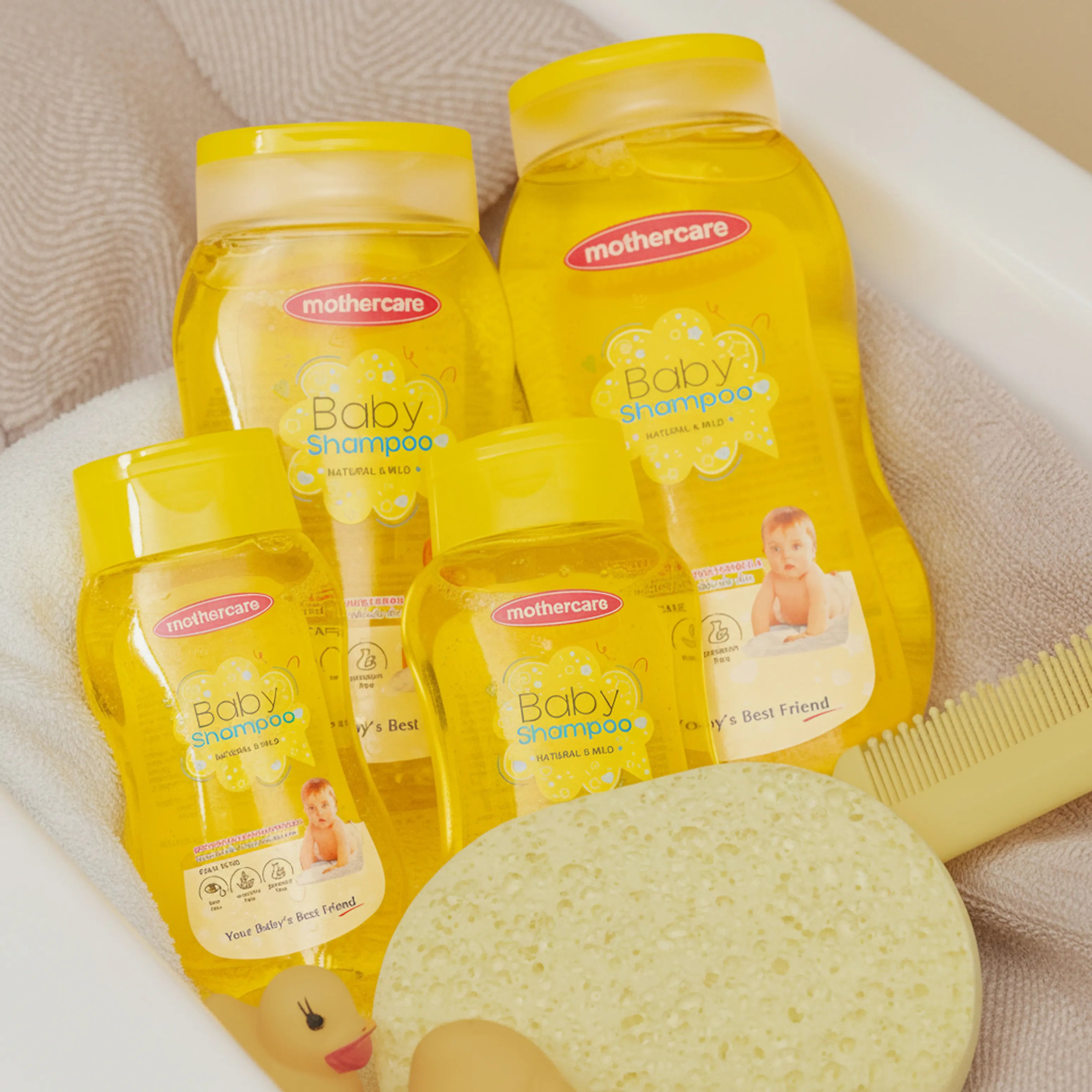 Four bottles of Mothercare Baby Shampoo Yellow Natural & Mild of various sizes arranged in a bathtub with a sponge, a comb, and a rubber duck.