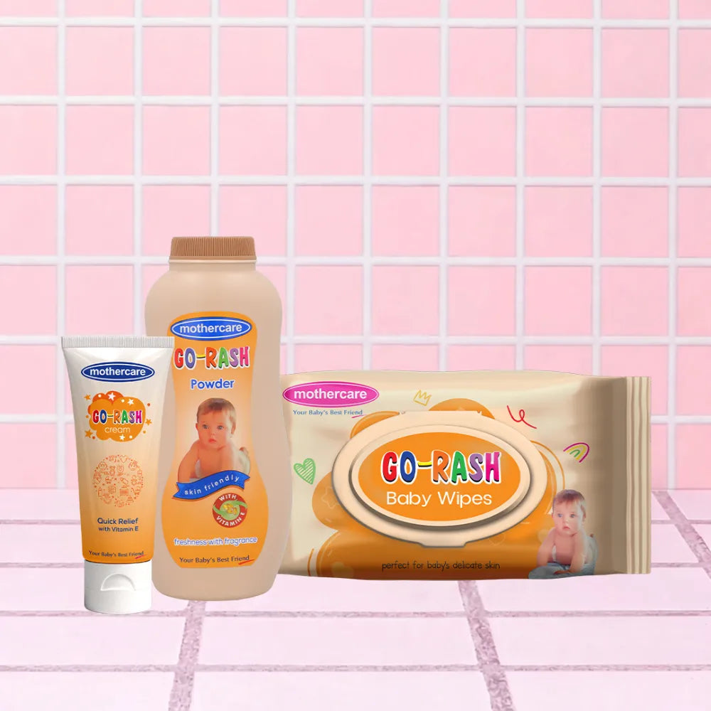 Mothercare Rash Care Bundle Includes New Mothercare Go Rash Cream, Mothercare Go Rash Powder And New Mothercare Go Rash Wipes, All Center Placed on a Tile like Background in Pink Color