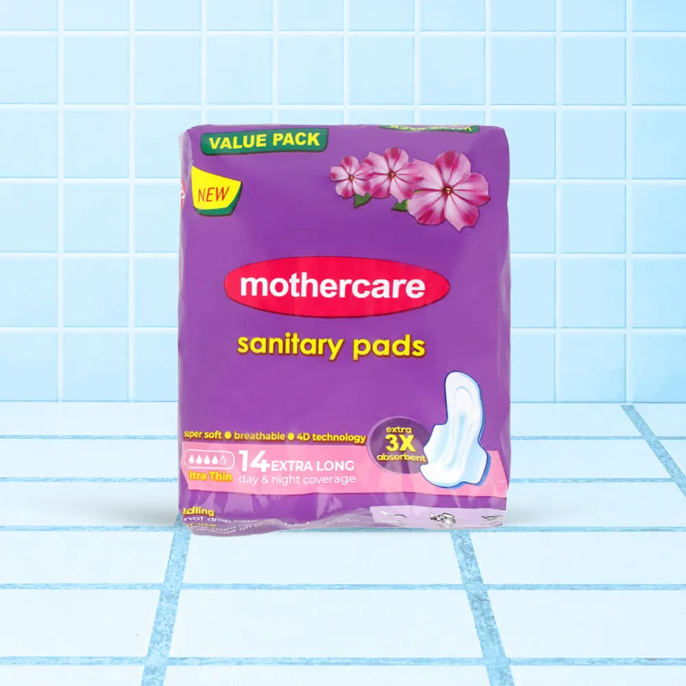 Mothercare Sanitary Pads Ultra Thin 14 Extra Long Day And Night Coverage With Super Soft, Breathable, and 4D Technology Material And 3 Times Extra Absorbent