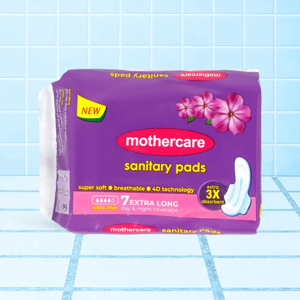 Mothercare Sanitary Pads Ultra Thin 7 Extra Long Day And Night Coverage With 3 Times Extra Absorbent And 4D Technology, Super Soft And Breathable Material.