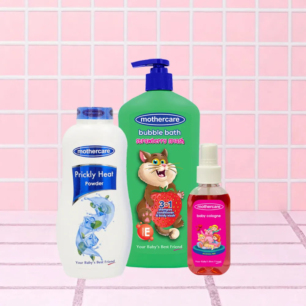 Mothercare The Summer Cool Pack Bundle Includes Mothercare Prickly Heat Powder, Mothercare Bubble Bath Strawberry Splash And Mothercare Baby Cologne Pink, All Center Placed on a Tile like Background in Pink Color