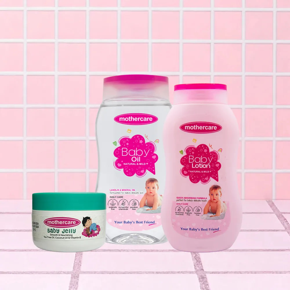 Mothercare The Hydration Bundle Includes Mothercare Baby Jelly, Mothercare Baby Oil And Mothercare Baby Lotion, All Center Placed on a Tile like Background in Pink Color